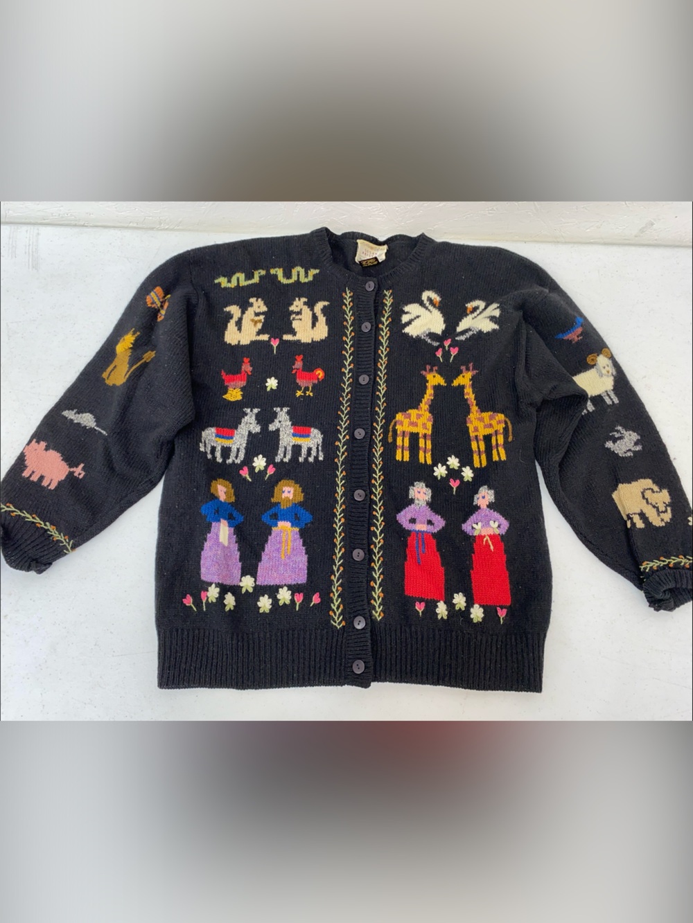 Vintage Susan Bristol Animal & Doll Knit Cardigan Sweater 1990 Hand Embroidered